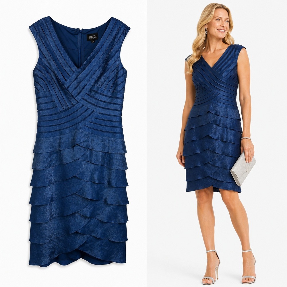 Adrianna Papell Womens 14 Blue Shimmer Pleated Petal V-Neck Cocktail Dress